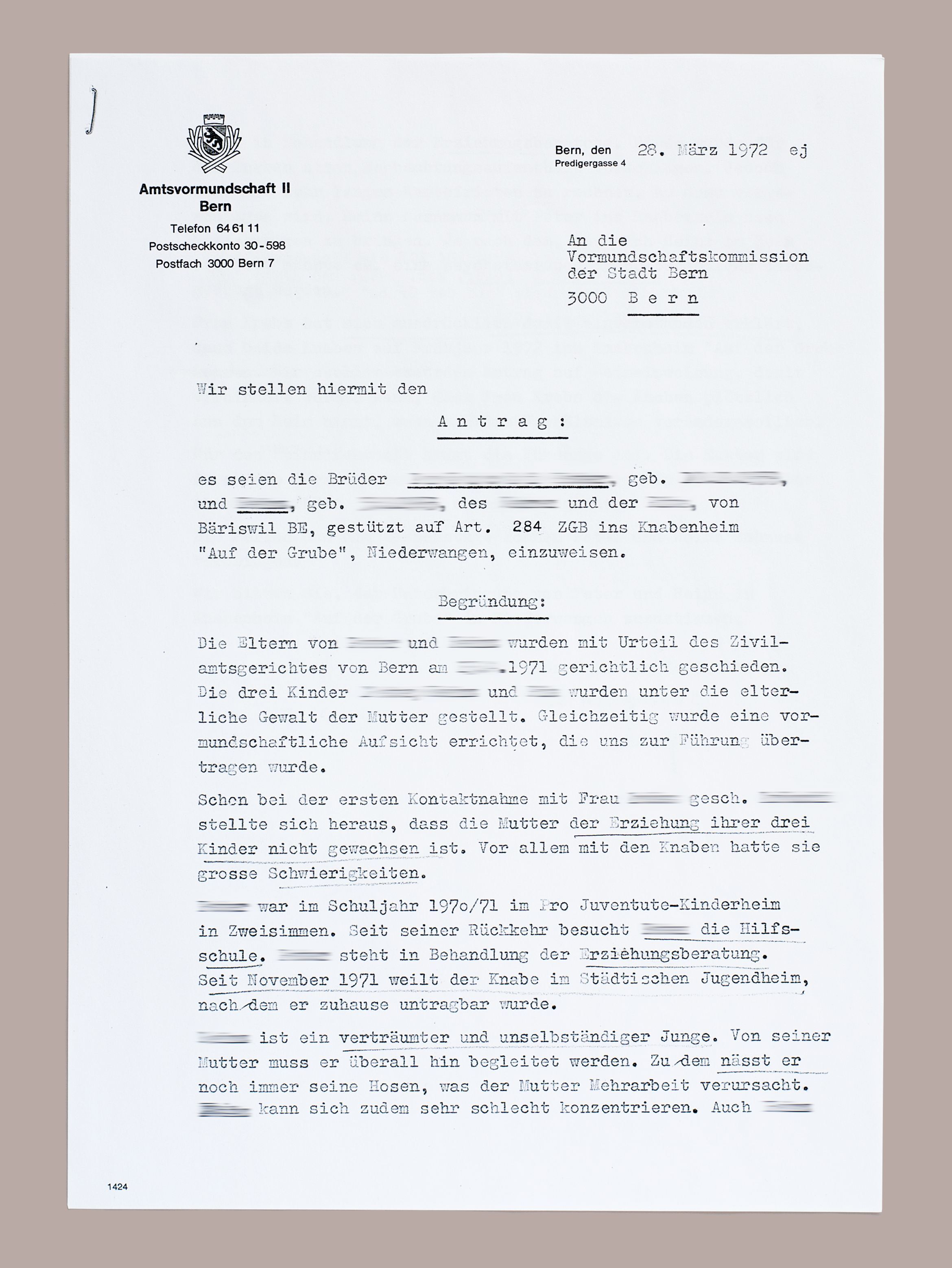 Decisione di sottrazione a titolo di tutela dell'Ufficio di custodia cantonale di Berna, 1972, pagina 1.