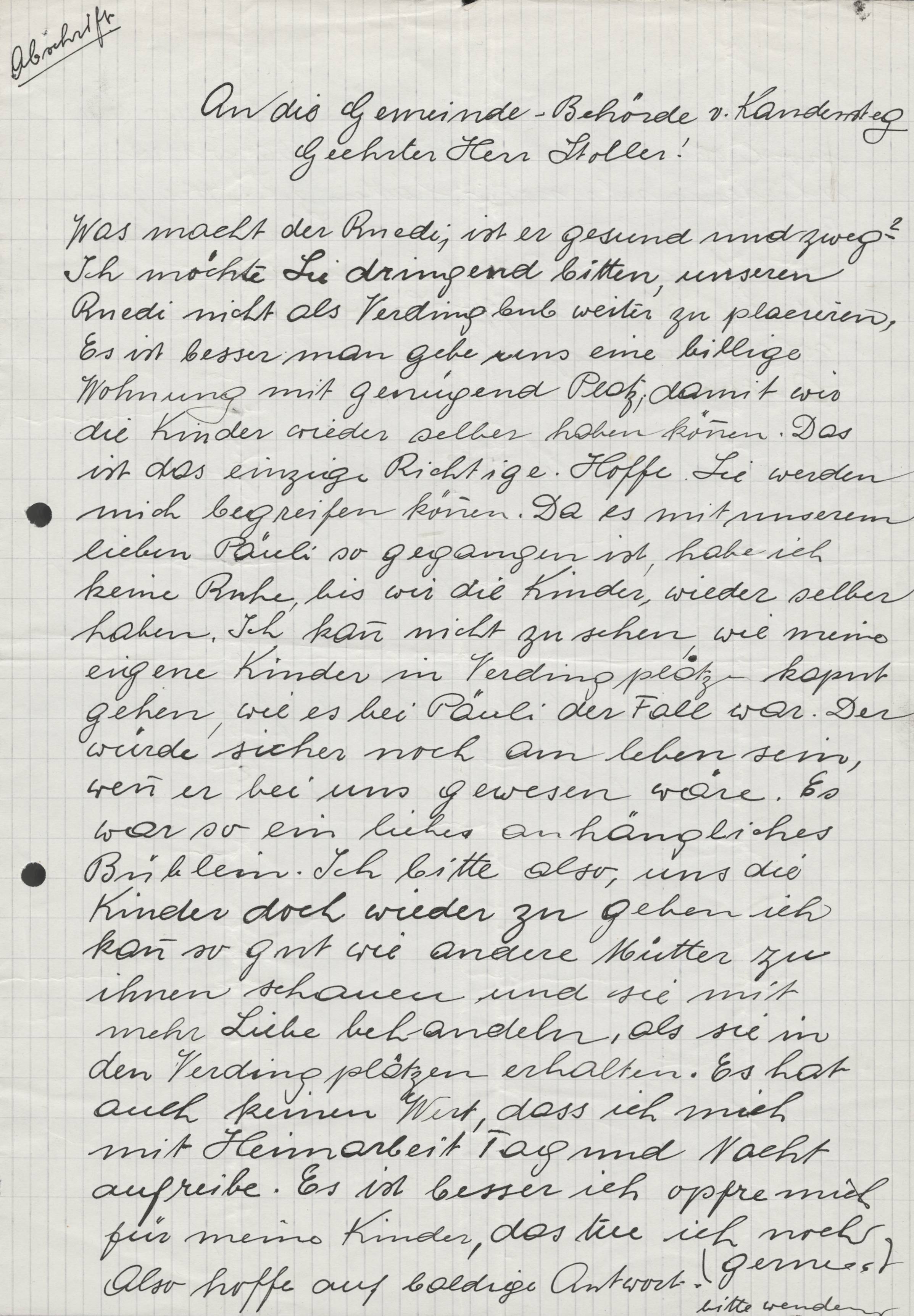 Abschrift eines Briefes einer Mutter, deren Kind verdingt wurde und starb. 1945.