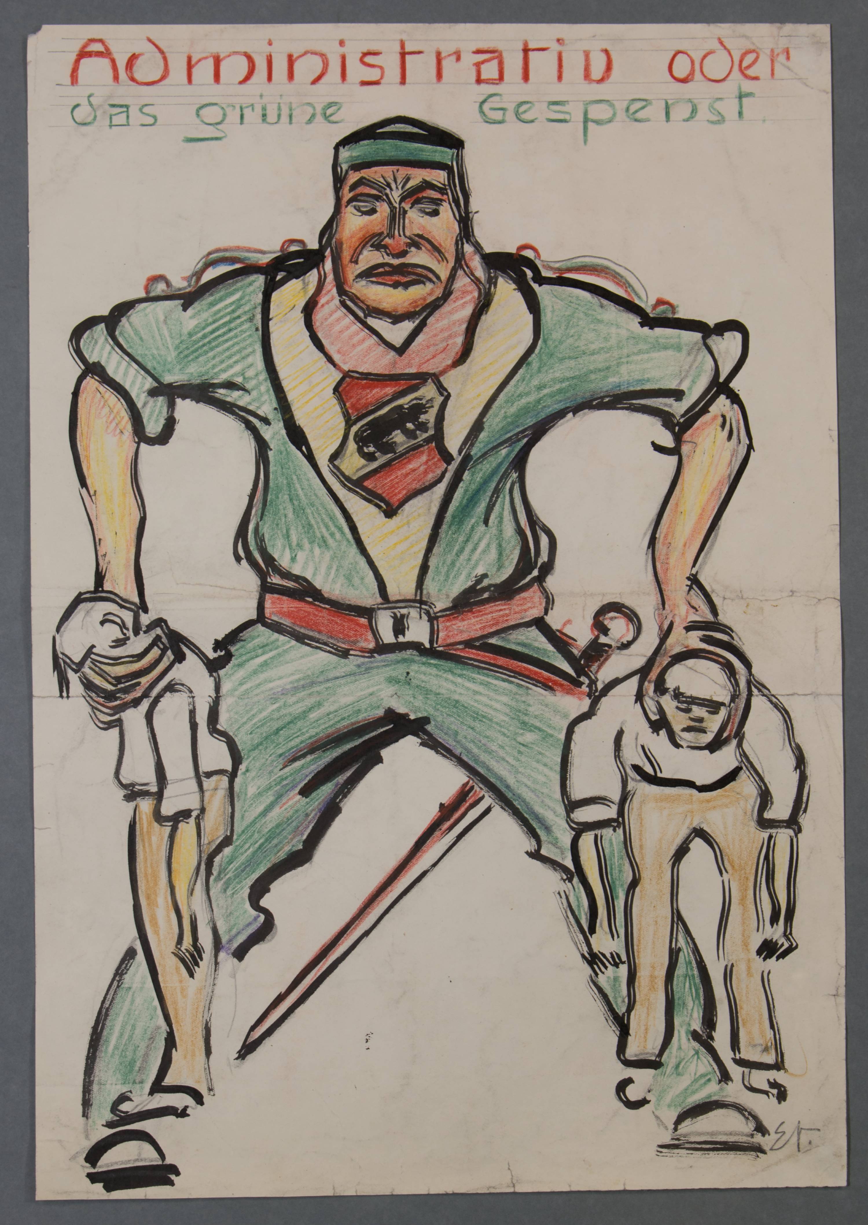 Disegno di un uomo in uniforme verde che tiene per il collo due uomini più piccoli.